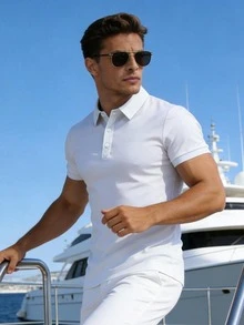 男士纯色透气时尚休闲商务跑步健身弹力POLO衫，男友风白色夏季款 - 白色 - 查看 5