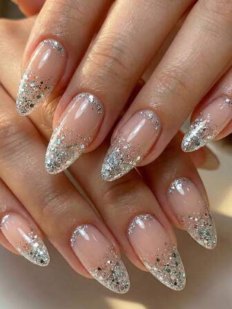 24pcs Elegant Medium Almond Shaped Nail Stickers Set! Shiny Nude To Silver Ombre, Perfect Fit Full Coverage Fake Nails Kit Includes 1 Adhesive Sticker Sheet And 1 Mini Nail File, Ideal For Daily Dates, Office, Home Gatherings, And Women's Jewelry Accessories. Set Contains Nail Stickers, 1 Nail File, And 1 Jelly Gel.