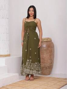 Midi Dress And Shorts Set With Floral Print, Dune Fabric, Padded Cups, Adjustable Straps, And A Front Opening With Ruching. - 查看 4