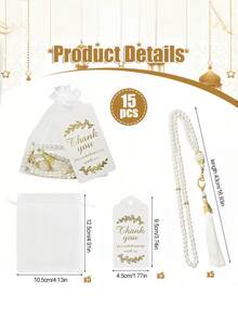 Bộ 15 vòng tay hạt ngọc trai thủy tinh dùng trong cầu nguyện Hồi giáo, kèm thiệp cảm ơn và túi vải organza, quà tặng Eid Mubarak Ramadan, trang trí nhà cửa theo phong cách Hồi giáo. - Nhiều màu - Xem 5