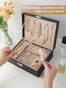 1个双层大容量首饰盒，PU皮革首饰展示盒，豪华带锁首饰收纳盒，家居首饰整理配件，适用于项链、耳环、戒指、手镯，节日礼物，返校礼物，大容量首饰收纳盒，双层带锁首饰盒，PU皮革防水耳环戒指首饰收纳盒