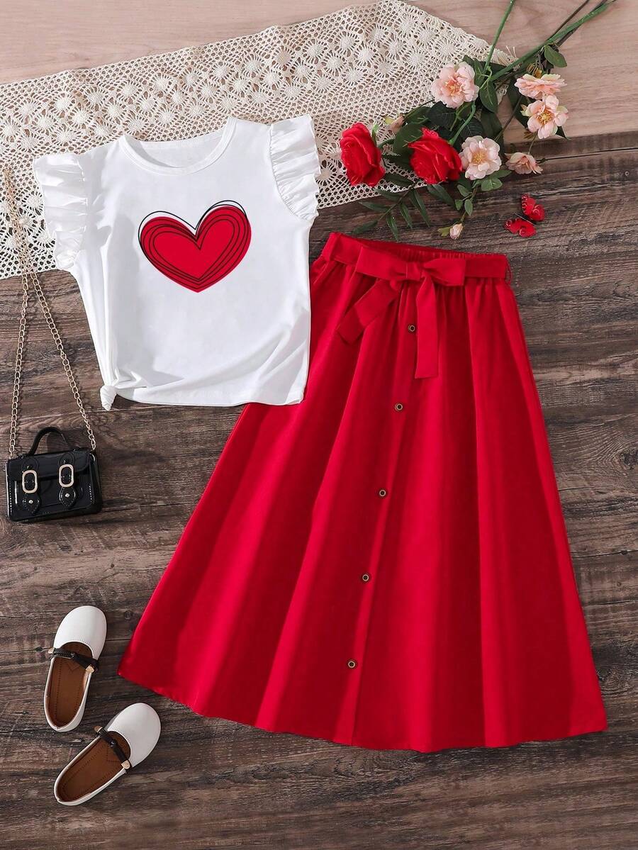 少女爱心印花圆领短袖上衣搭配纽扣前开襟迷你裙休闲套装 - 紅色 - 查看 1