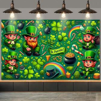 Bandera del Día de San Patricio 2D, telón de fondo de poliéster con un leprechaun afortunado y un campo de tréboles, adecuado para decoración de fiestas y photobooth
