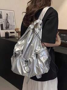 JIANSHANGGUSHI Ba lô dây rút xếp ly dáng casual dung tích lớn mới năm 2025, cặp sách học sinh unisex, vải nylon giặt nước, nhiều màu sắc để lựa chọn. - Bạc - Xem 5