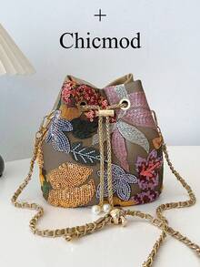 1pc Colorful PVC Floral & Leaf Embroidery Linen Bucket Bag, New Holiday Style Shoulder Bag, Fashion Versatile Chain Crossbody Bag Suitable For Shopping, Wallet, Young Women, College Students, Newlyweds, Office Ladies. Perfect For Office, University, Work, Business, Commute, Outdoor Activities, Travel And Picnics - Multicolor - View 1