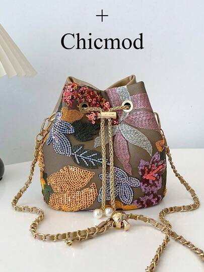 1 pieza Bolso de cubo de lino con bordado floral y de hojas de PVC de colores, nuevo estilo de bolso de hombro para vacaciones, bolso cruzado de cadena versátil y de moda adecuado para compras, billetera, mujeres jóvenes, estudiantes universitarias, recién casadas, damas de oficina. Perfecto para oficina, universidad, trabajo, negocios, traslados, actividades al aire libre, viajes y picnics.