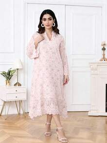 2026 New Style Ramadan Traditional Elegant Floral Embroidered Asymmetrical Ruffle Hem Dress, Modest Arabic Women Clothing - Pink - View 8