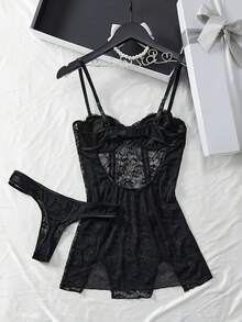 weiweihu Valentine's Day Gift Plant Print Lace Trimmed Pajama Skirt, V-Neck Halter Sleeping Mini Dress, High Slit Bow On Both Sides, Beige Sling Ladies Pajamas And Dresses,Lingerie For Women,Lencería Para Mujer,Sleepwear For Women,Pajama Sets For Women,Dresses For Women,Lenceria Mujer,Valentines Dress,Valentine Day Dress,Pijamas De Mujer,Valentine Outfits For Women - 黑色 - 查看 3