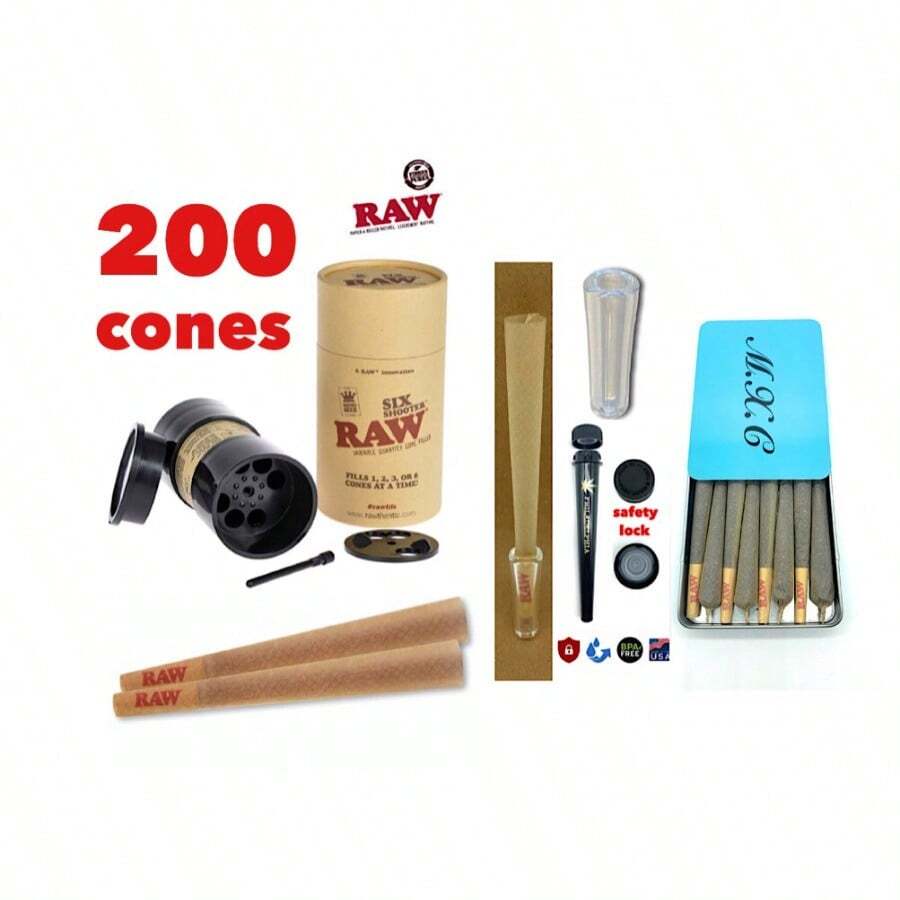 RAW Classic King Size Cone 200PK +Ra<Wbr/>W Six Shooter +Tube+Glass Cone Tip+Cone Case - như hình - Xem 1