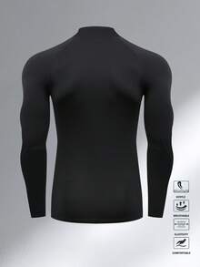 男士高领运动性能压缩衣 - 长袖，弹力修身，适合健身、跑步和骑行，透气圆领T恤 - 黑色 - 查看 2