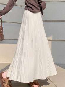 2026 Women's Spring Pleated Knitted-Like Knit Skirt, High Waist A-Line Flared Skirt For Pear-Shaped Figure - Apricot - View 5