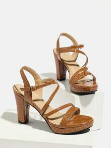 女士高跟鞋，柔软、成熟、舒适、百搭，质感独特，亮面漆皮，棕色，露趾，圆头，厚底，搭扣，粗跟，适合宴会、派对、约会、婚礼、度假等场合，时尚优雅。 - 棕色 - 查看 6