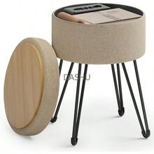 Baúl Almacenaje, Taburete de Tocador, Puff Almacenaje, Banco Almacenaje Redondo, 39 x 44.1 cm, Asiento Acolchado, Marrón Camello MLOM002K01 - Marrón Camello - Ver 3