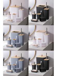 4/6pcs Luxury Wooden Bathroom Set | Housewarming Gift | Includes Toothbrush Holder, Trash Can, Soap Dispenser, Toilet Brush Holder, Soap Dish | Reusable Bathroom Accessories - Multicolor - View 9