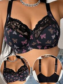 Plus Size Women Non-Wired Lace Patchwork Breathable Non-Slip Supportive Adjustable Strap Seamless Bra, Suitable For Daily Wear In Various Occasions - Black - View 6