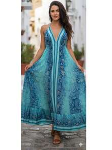 Dress, Random Print, Fabric, Backless / Bare Back, Beach - azul con azul cielo - Ver 2