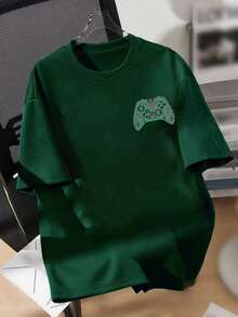 1 pieza Camiseta de manga corta con cuello redondo y estampado de controlador de juego y eslogan, ropa nueva de verano y primavera para niños preadolescentes - Verde Oscuro - Ver 3