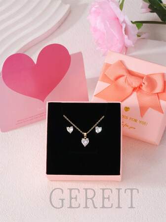 1 Set Stainless Steel 3D Heart Zirconia Pendant Necklace & Earrings Jewelry Set, Women's Holiday Gift (Gift Box Included)