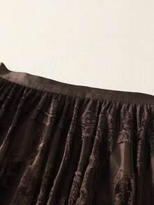 女士冬季天鹅绒褶皱高腰飘逸A字长裙，蕾丝镂空针织面料，低弹力，优雅休闲，适合假日派对、春假等场合。 - 棕色 - 查看 3