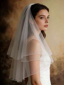 1件极简双层蕾丝边新娘头纱发夹，婚纱派对拍照配饰 - 白色 - 查看 1