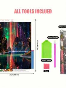 A Set Of Fantastical And Dazzling Diamond Painting Without Frames. The Scene Depicts A Mysterious Starry Sky, With Colorful Beams Of Light Cascading Over The Rippling Water Surface And Strange, Rugged Rocks, Creating A Visually Striking Effect. Suitable For Home, Bedroom, And Living Room Decor.