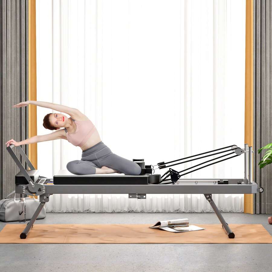 Pilates Reformer Machine, Indoor Pilates Reformer With High Strength Alloy Springs, Foldable Pilates Reformer For Home Gym,Black/Pink/Beige - Black + Iron - View 1