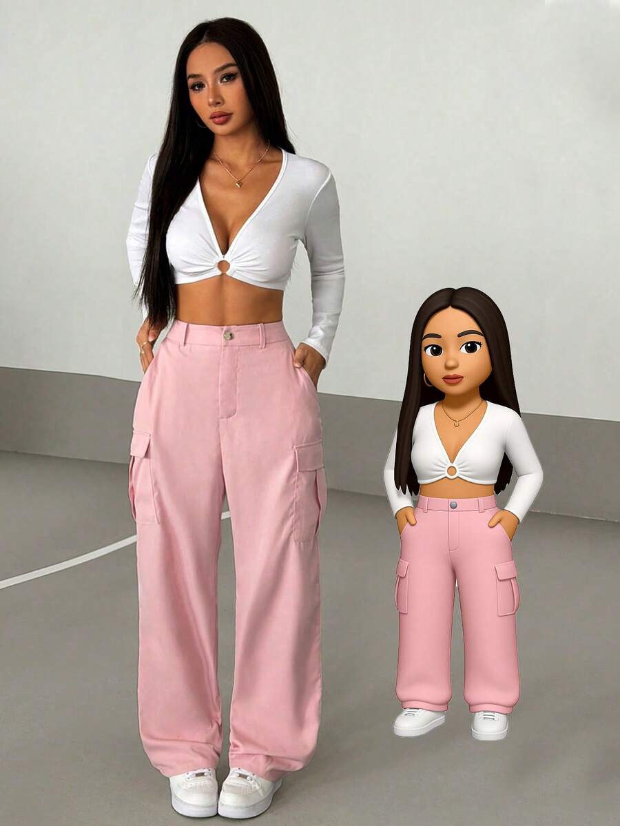 AITYI Studio 女士长裤，时尚设计，户外街头镂空修身塑形，舒适Y2K风格，适合日常通勤、派对、独立日、感恩节、返校季、圣诞节、新年、2025秋季新款舒适针织日常女裤 - 粉色 - 查看 1