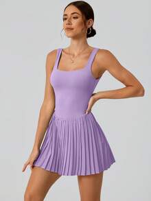 NcmRyu 一套女士无缝弹力户外徒步、跑步、健身、网球、匹克球、高尔夫运动裙 - 紫色 - 查看 9