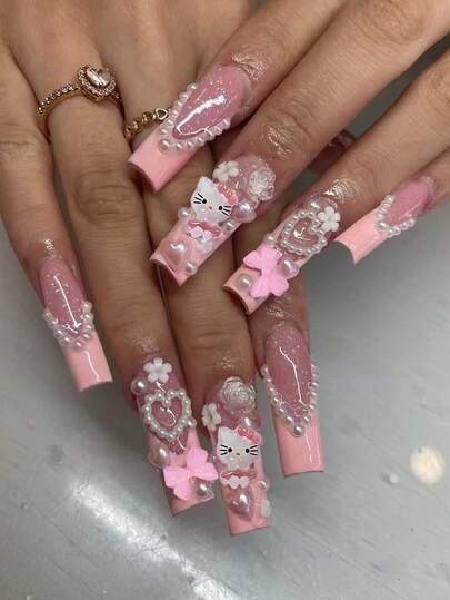 SANRIO 24pcs Long Square Glitter French Tip Press On Nails With 3d ,Bow,Star,Rose Flower ,Heart And Faux Pearl Pattern Decoration,Pink Girl Style ,Perfect Fit Acrylic False Nails Set ,Includes: 1pc Jelly Glue And 1pc Nail File , Nails For Women And Girls Daily Life And Party Use