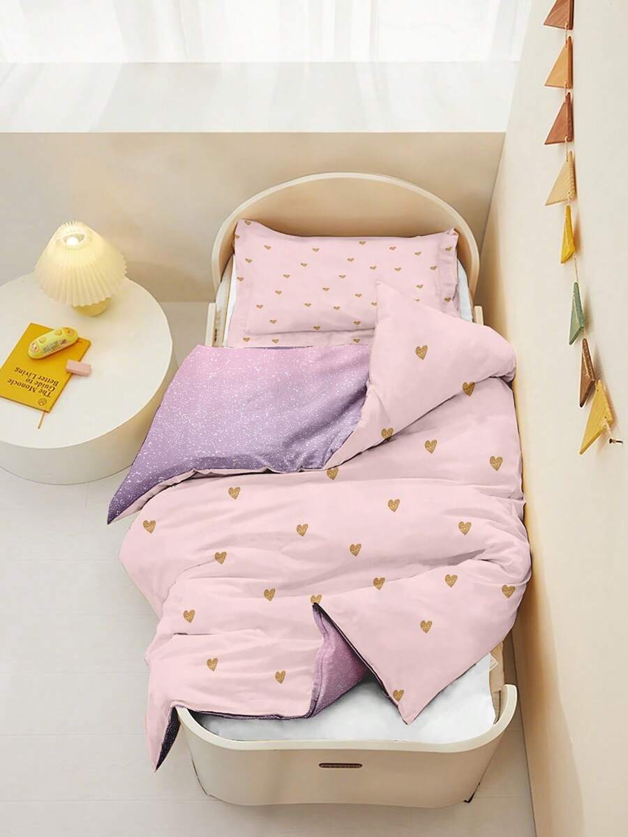 1/2Pcs Pink Gold Heart Print Kids Bedding Set, Reversible Purple Glitter Duvet Cover With Pillowcase, Cute Girly Toddler Bedding - Multicolor - View 1