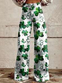 [Faux Denim Print/Imitation Faux Denim] Women'S White Wide-Leg Imitation Faux Denim With Green Clover Print - Non-Stretch Casual To Semi-Formal Trousers, All-Season Comfort, Charm Design For Everyday & St. Patrick'S Day Outfits - 黑色 - 查看 2