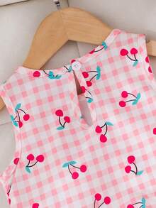 2pcs Baby Girls' Sweet Cherry Plaid Sleeveless Top And Casual Pants Set, Summer - Pink - View 4