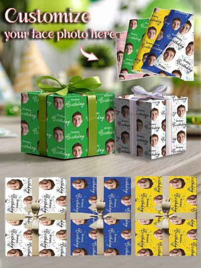 Papel de regalo personalizado con foto de cara divertida, papel de regalo personalizado con tu foto, múltiples colores, papel de regalo de cumpleaños, aniversario, rollo de papel de regalo con tu foto