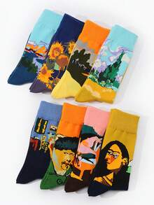 2/5/8 Pairs Random Fashionable Versstile Creative AB Asymmetrical High Top Socks With Cartoon Animal, Tool, And Character Patterns - Multicolor - View 3