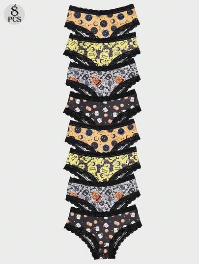 Dircho 8-delat set med söta briefs och himmelskt mönster för kvinnor, grafisk design i vintagestil, svart spetskant, mjukt tyg och varm färgsättning. Komfortunderkläder för vardagsbruk och snygg, avslappnad stil.