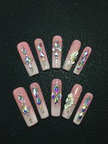 10-Piece 4.5 Cm Pure Handmade Square Wear Nails, Featuring Rhinestones, Water Droplets, And Petal Decorations, As A Nail Art Kit Suitable For Women And Girls For Parties, Holidays, And Daily Wear. Nail Accessories, Acrylic Nail Sets, Include Kits, Hand-Pressed Nail Art, False Nails, Nail Stickers, And Nail Care Products. Nail Supplies - Multicolor - View 1