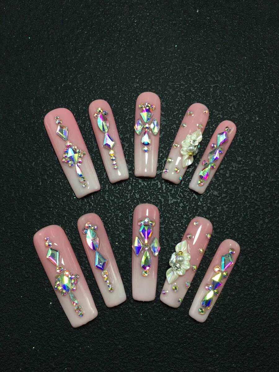 10-Piece 4.5 Cm Pure Handmade Square Wear Nails, Featuring Rhinestones, Water Droplets, And Petal Decorations, As A Nail Art Kit Suitable For Women And Girls For Parties, Holidays, And Daily Wear. Nail Accessories, Acrylic Nail Sets, Include Kits, Hand-Pressed Nail Art, False Nails, Nail Stickers, And Nail Care Products. Nail Supplies - Multicolor - View 1