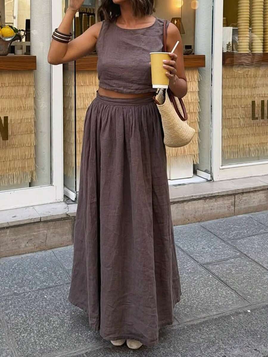 Look Polly Women's Spring Summer 2-Piece Casual Solid Color Hollow Lace Strap Tank Top, Umbrella Bottom Skirt - Coffee Brown - View 1