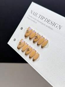 10 Pieces Of Purely Handmade Wearable Nail Tips, Featuring Short Almond-Shaped Nail Forms With Press-On Fake Nails. It Has A Fashionable And Minimalist Style, With Hand-Painted Golden French Tips And Golden Cross Stars Nail Supplies - Multicolor - View 6