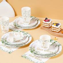 7/9 Inch Cross-Shaped Disposable Plate Set, Party Plates, Includes Disposable Paper Plates, Cups, Napkins, Suitable For Wedding, Engagement, Birthday, Wedding Party Tableware - Multicolor - View 4