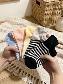 5 Pairs Women Stripe Pattern Mid-Calf Socks, Suitable For All Seasons, Random Color - Multicolor - View 4