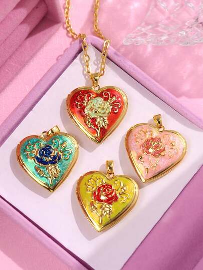 Enamel Romantic Heart-Shaped Rose Petal Pendant Photo Frame Necklace, Vintage Memorial Jewelry, Suitable For Mom, Friend, Her, Birthday Gift (Jewelry Box Not Included)