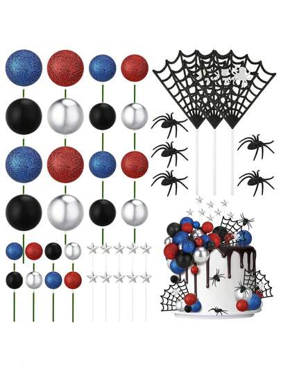 42pcs Spider Cake Decorations, Red, Black, Silver And Blue Foam Balls, Star Cake Decorations, Spider Web Decorations, Suitable For Men's Birthday Cake Decoration, Spider Theme Cake Decoration