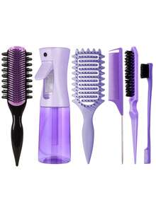 6pcs Brush Set For Curly Hair With Hair Spray Bottle, New Upgrade Curl Defining Brush, Minimalist Hollow Vent Hair Brush-Curved Anti-Frizz Detangling Comb For Smooth & Comfortable Styling, New Edition Nine-Row Comb, Special Teeth-The Side Teeth Design Of The Curling Brush Separates Curls Effortlessly, Teasing Hair Brush, Rat Tail Comb, Edge Brush For Edge & Back Combing, Parting Styling, Curl Defining Brush, Vented Curly Hair Brush Products, Detangling Shaping And Defining Women's Curls On Wet Or Dry Hair Types, Reduces Frizz - Multicolor - View 13