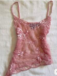 Women V Neck Sequin Cami Top .Y See Through Strape Camisole Cute Beaded Top Going Out Party Outfits - Hồng - Xem 1