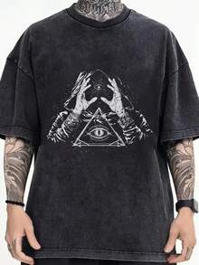 Camiseta Casual de Algodón para Hombre con Estampado Gráfico Inspirado en Ojos - 100% Algodón, Manga Corta, Cuello Redondo, Corte Relajado, Lavable a Máquina, Ropa Urbana para Todas las Temporadas, Camiseta para Todas las Estaciones |   Camiseta con estampado gráfico |   Tela de algodón, tejido de punto - Negro - Ver 2