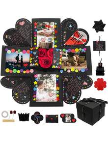 1set Square Surprise Explosion Gift Box - DIY Scrapbook & Photo Album Kit With Multiple Accessories, Handmade Love Memory Box Ideal For Birthdays, Valentine's Day, Mother's Day, Wedding Anniversaries, Creative Gift Box - Black - View 2