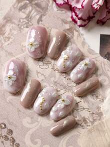 10片装亚克力美甲贴片，粉色、浅咖啡色、花晕图案，短款美甲，假指甲，人造指甲套装，包含1张粘合贴片和1个迷你指甲锉。 - 彩色 - 查看 4