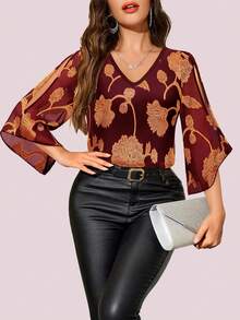 CheersLife Women's Ruffled V-Neck Double Layer Mesh Loose Flowy Belted Blouse With 3/4 Sleeves - Burgundy - View 2