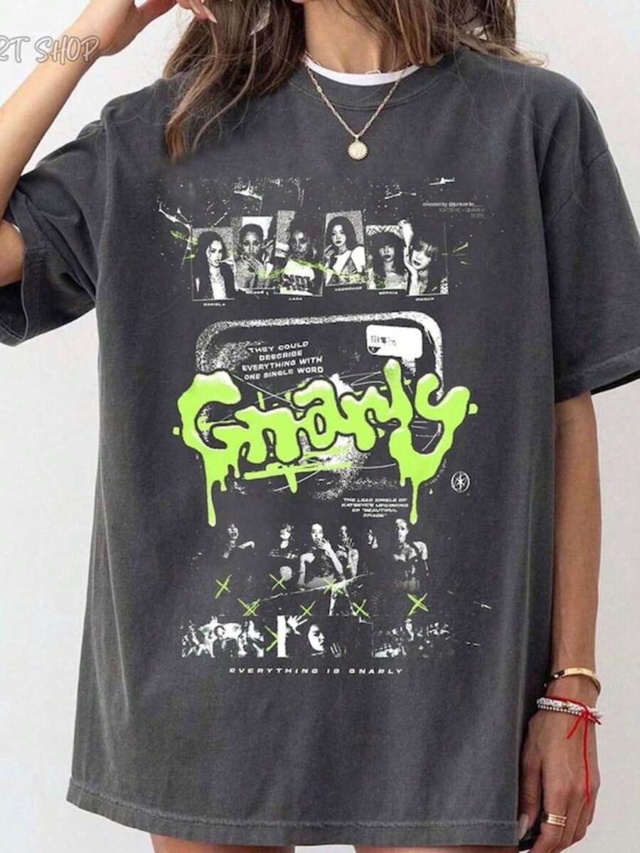 Gnarly Vintage Graphic PNG _ Grunge Y2K PNG _ Neon Green Streetwear PNG _ Edgy Retro Aesthetic Top _ - màu đen - Xem 1